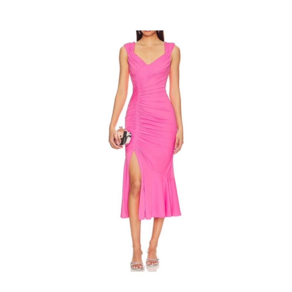 NWT cinq a sept Electric Pink Ruched V-Neck Dress (Original $395)